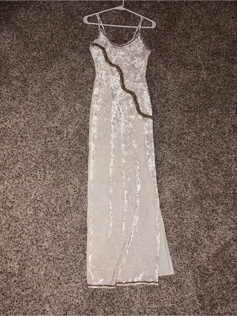 Ivory Velvet Maxi Slip Dress with Gold Beaded Accent One of a Kind Vintage Piece